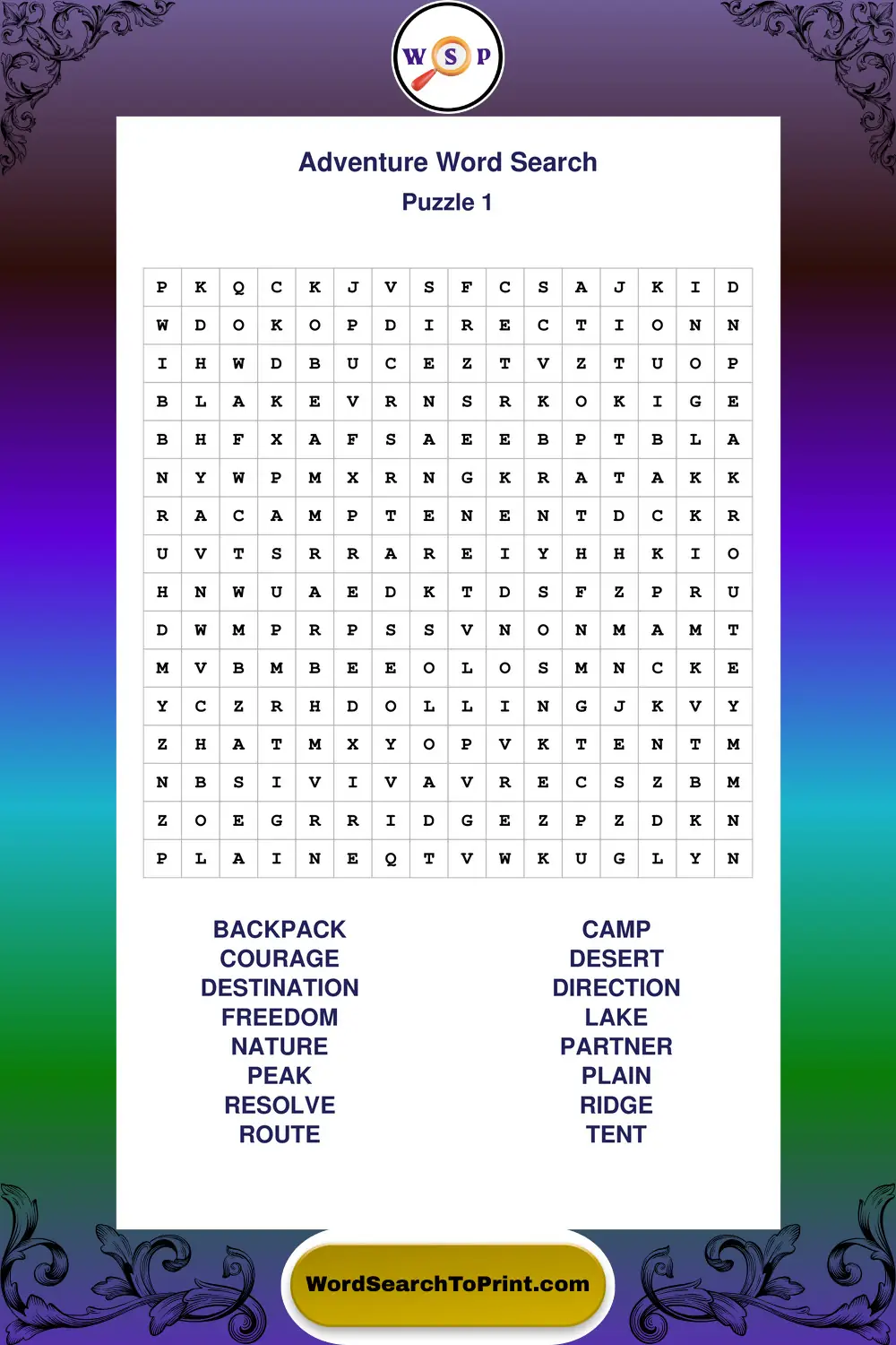 Adventure Word Search Puzzle 1