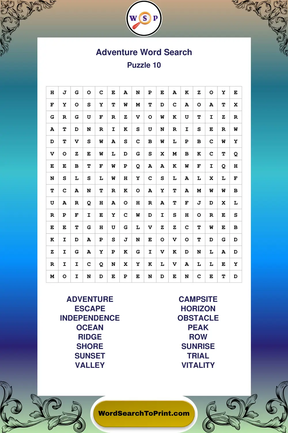 Adventure Word Search Puzzle 10