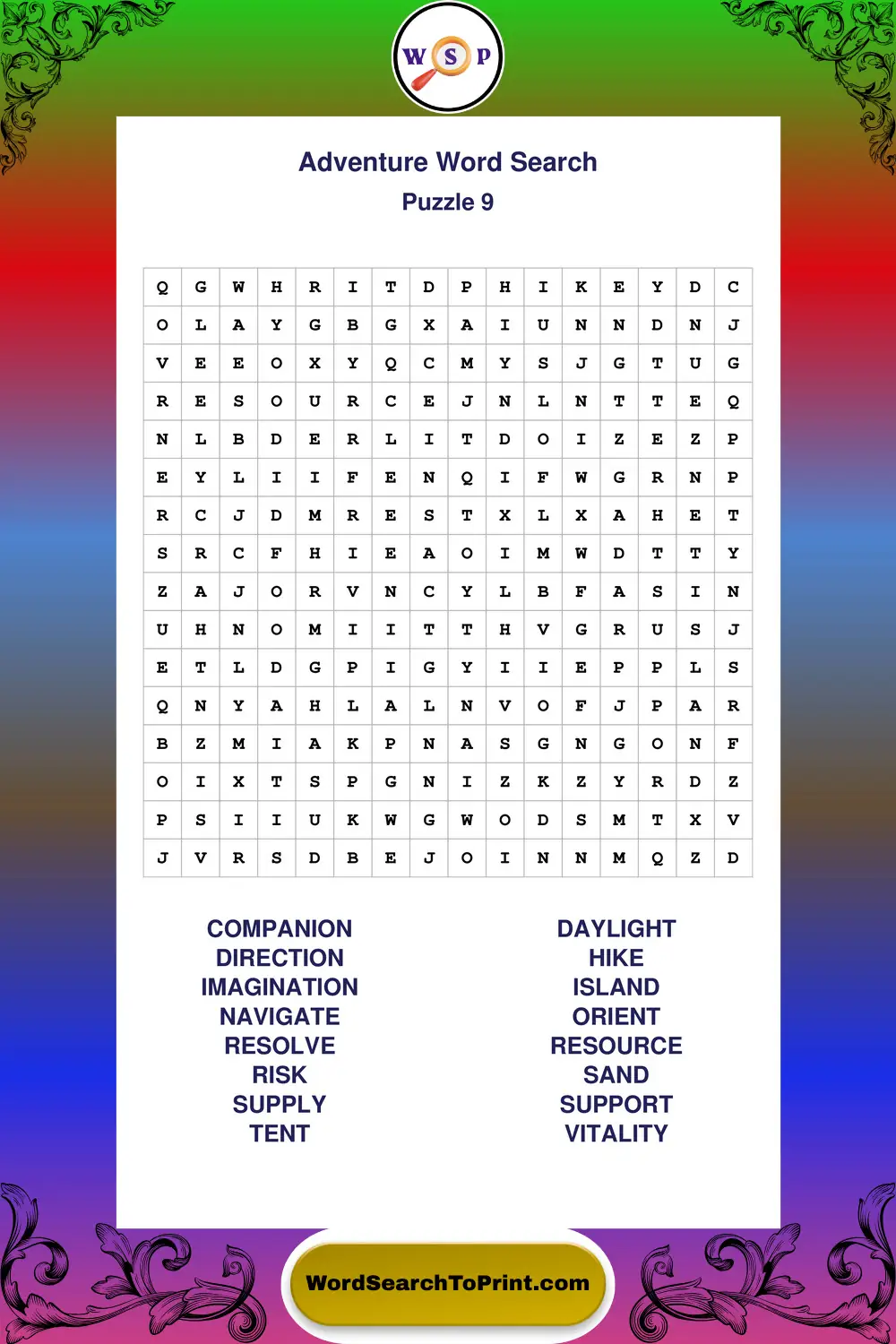 Adventure Word Search Puzzle 9