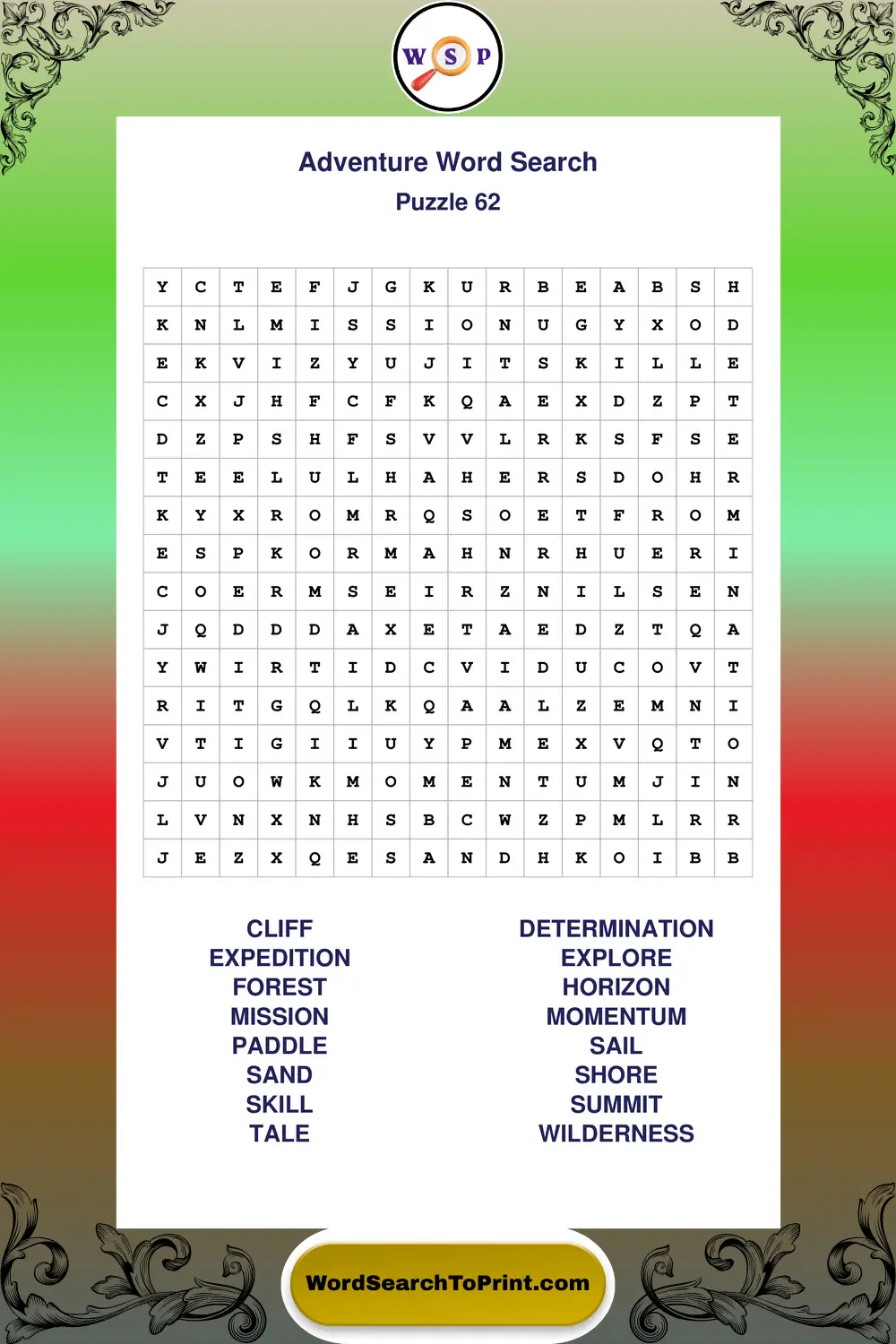 Adventure Word Search Puzzle 62