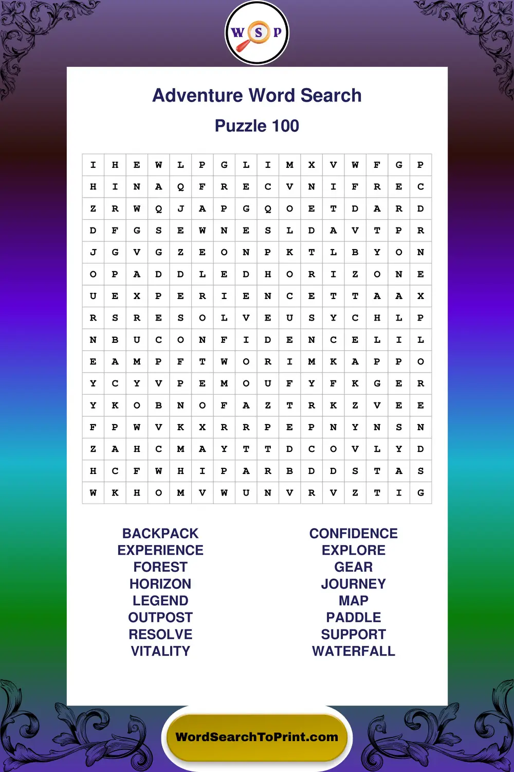 Adventure Word Search Puzzle 100
