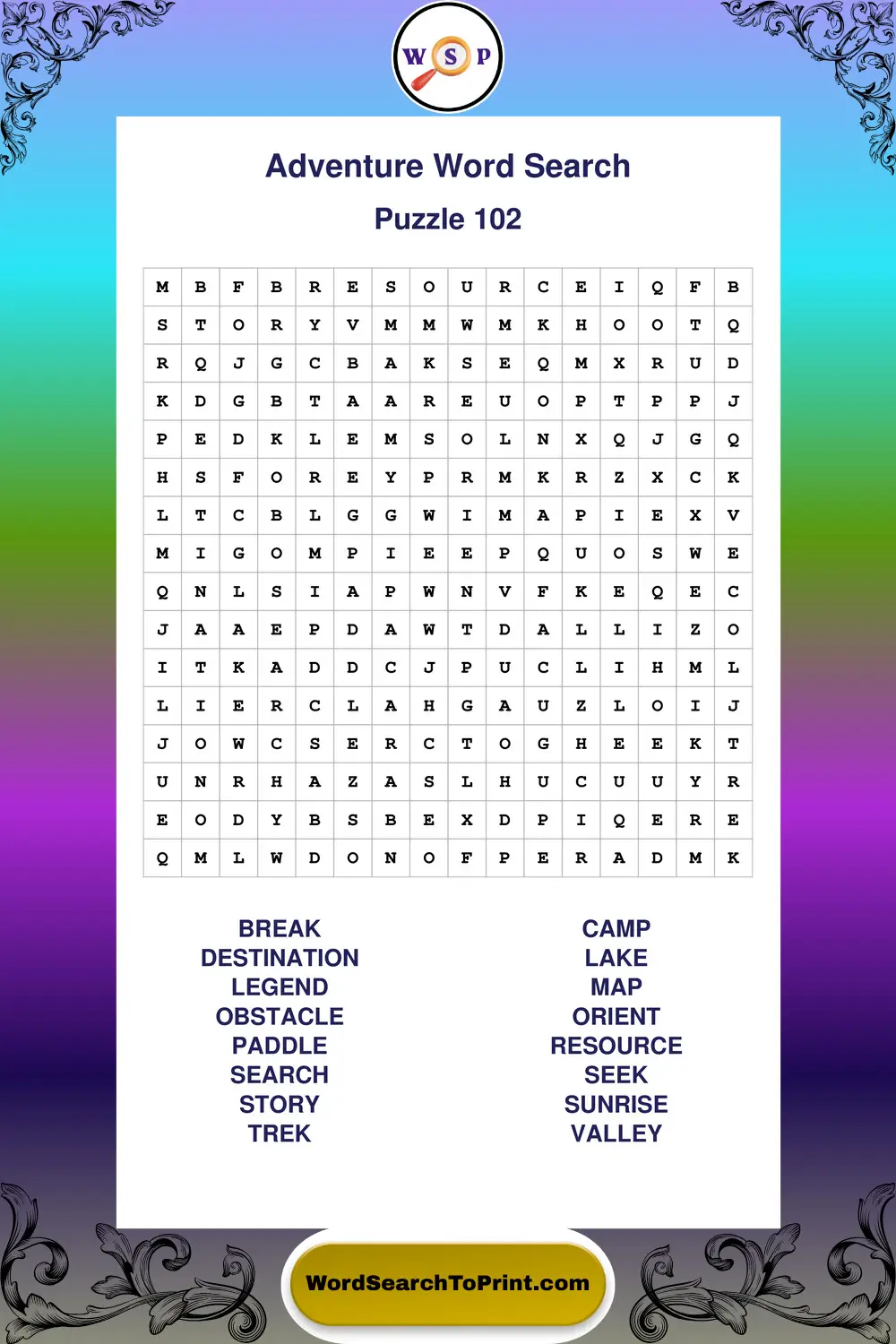 Adventure Word Search Puzzle 102