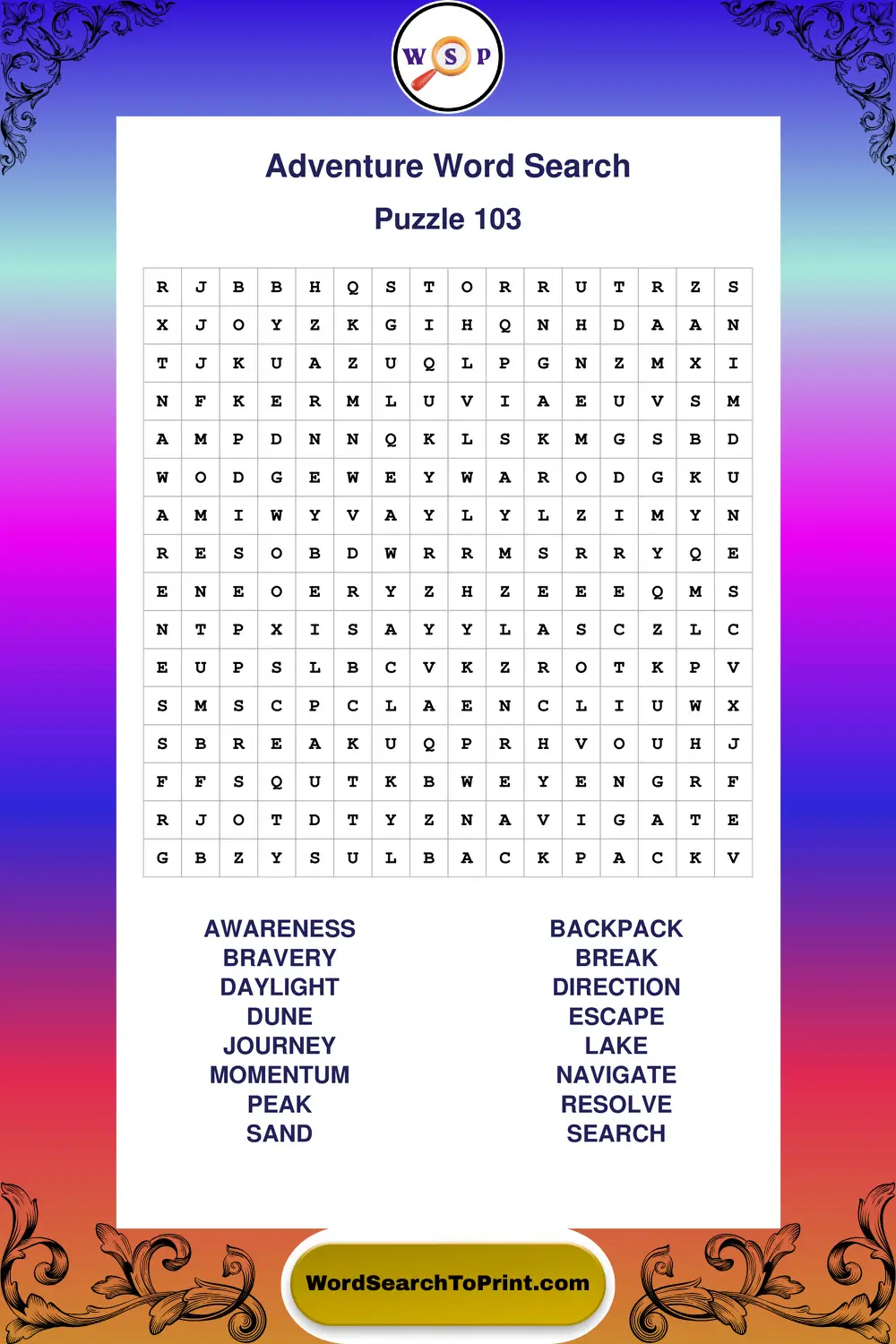 Adventure Word Search Puzzle 103