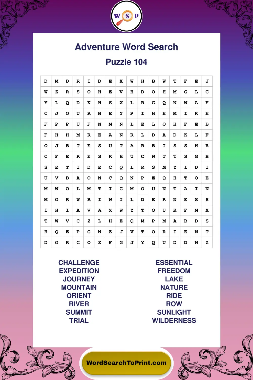 Adventure Word Search Puzzle 104