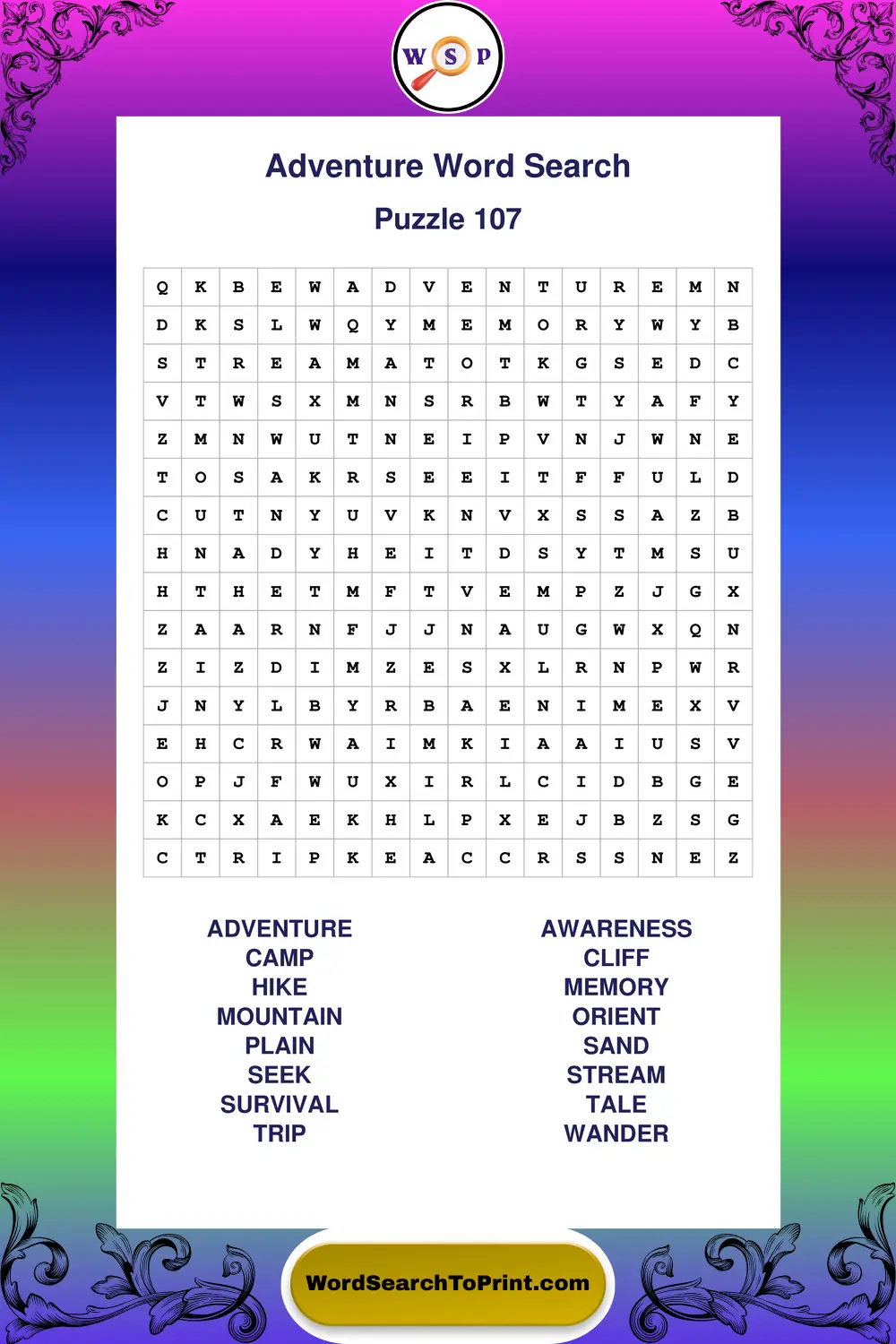 Adventure Word Search Puzzle 107
