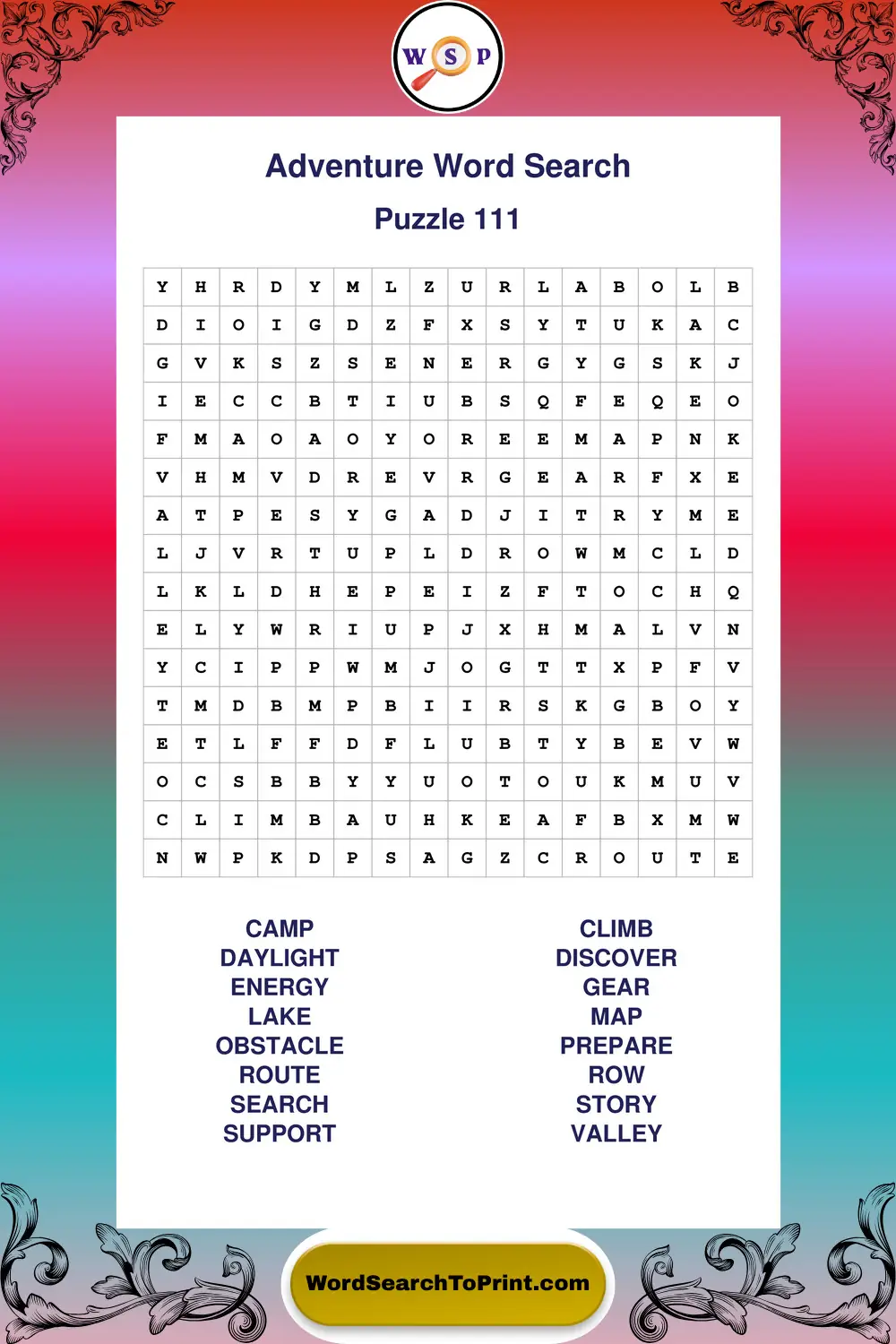 Adventure Word Search Puzzle 111