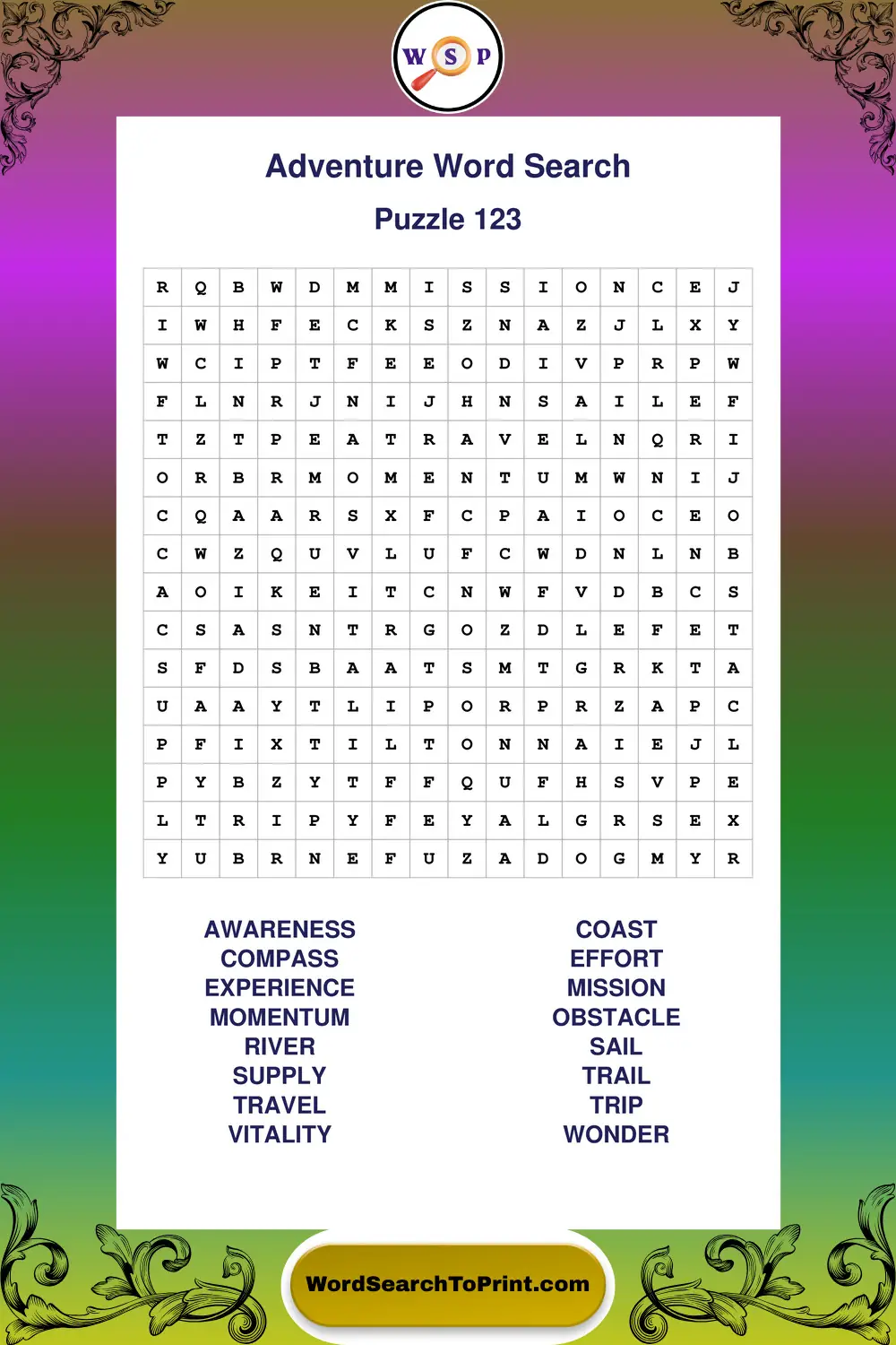 Adventure Word Search Puzzle 123