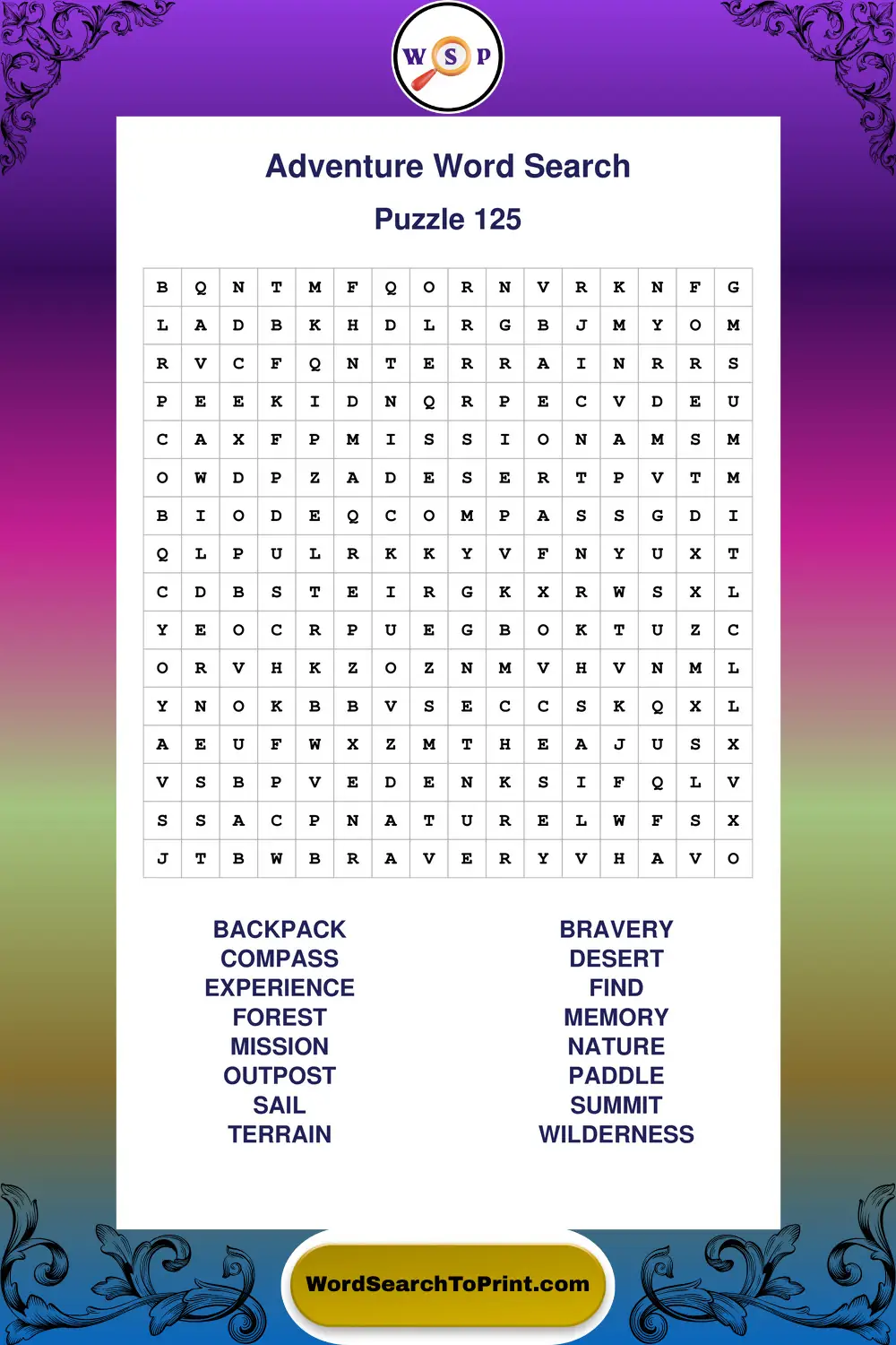 Adventure Word Search Puzzle 125