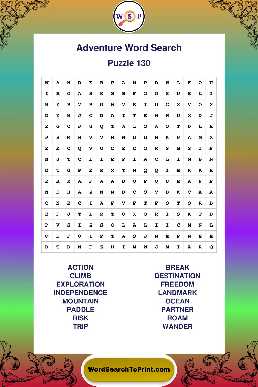Adventure Word Search Puzzle 130