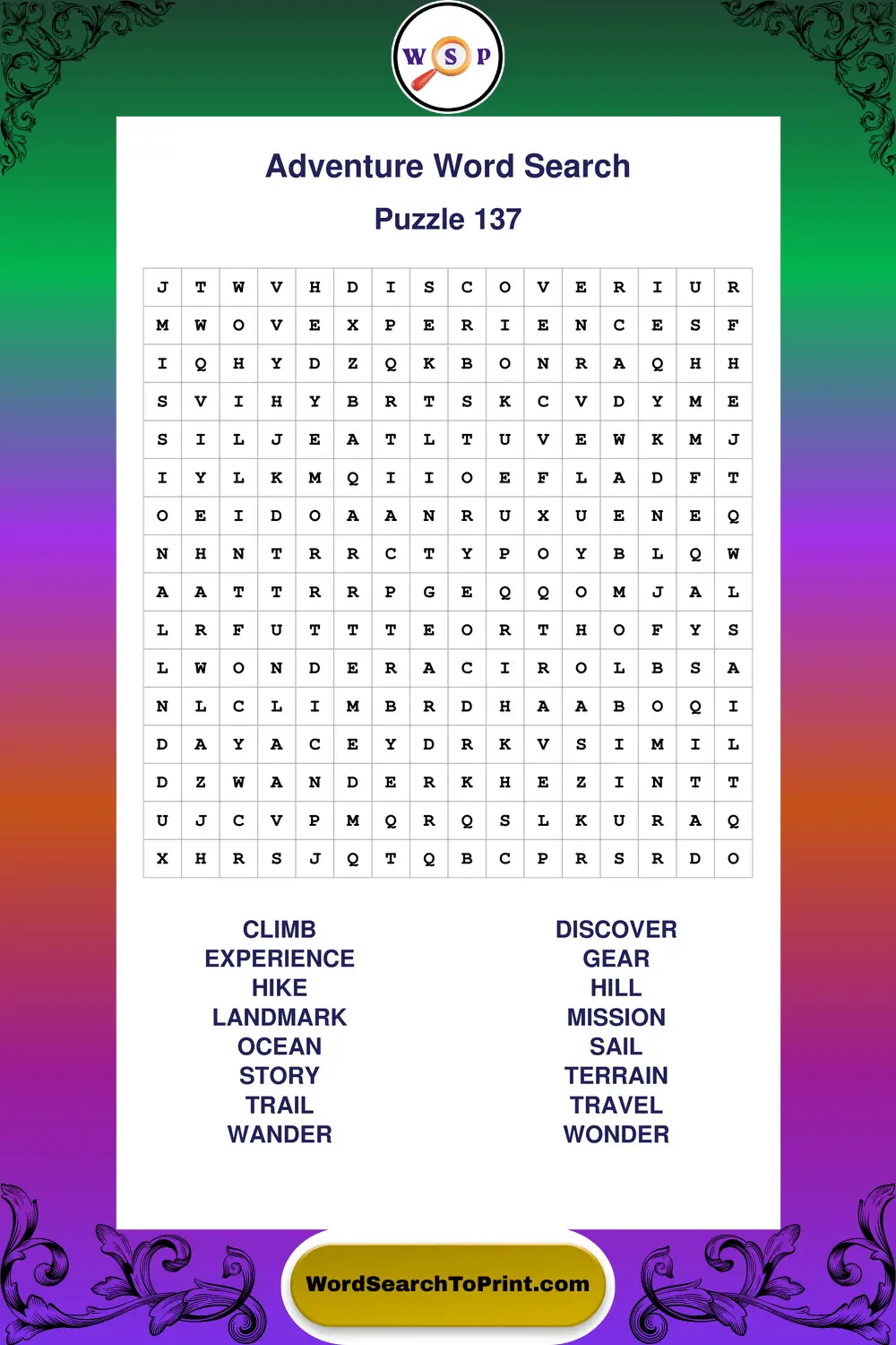 Adventure Word Search Puzzle 137