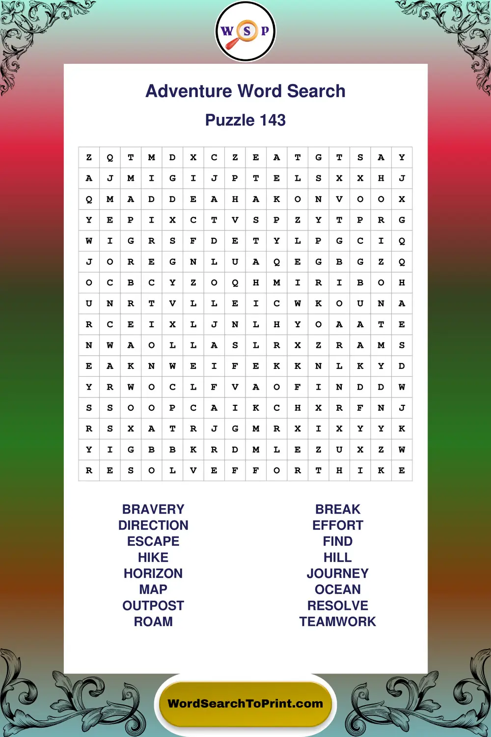 Adventure Word Search Puzzle 143