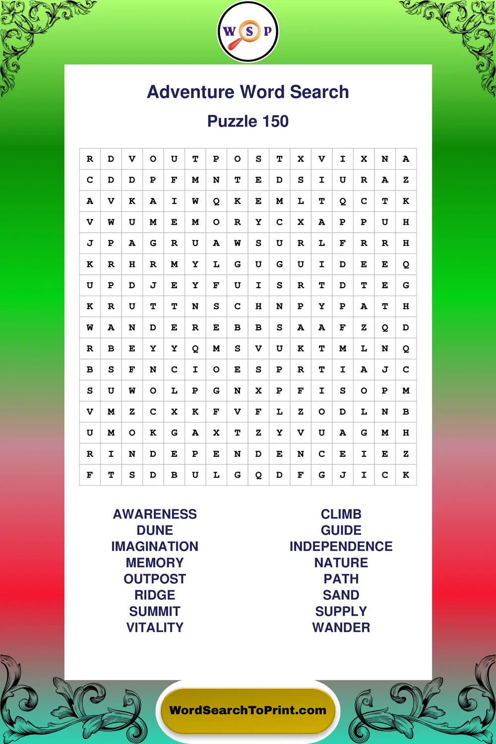 Adventure Word Search Puzzle 150