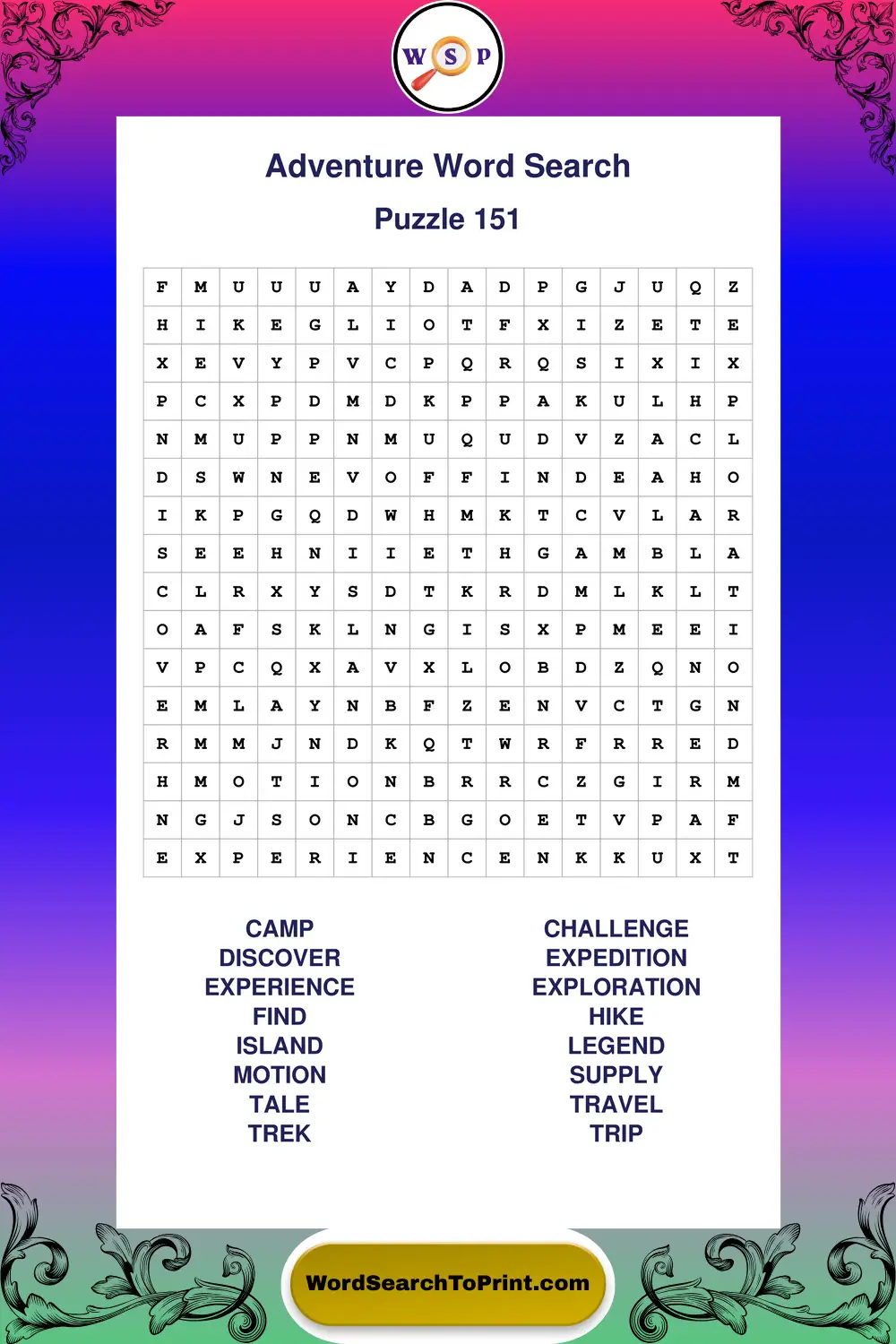 Adventure Word Search Puzzle 151