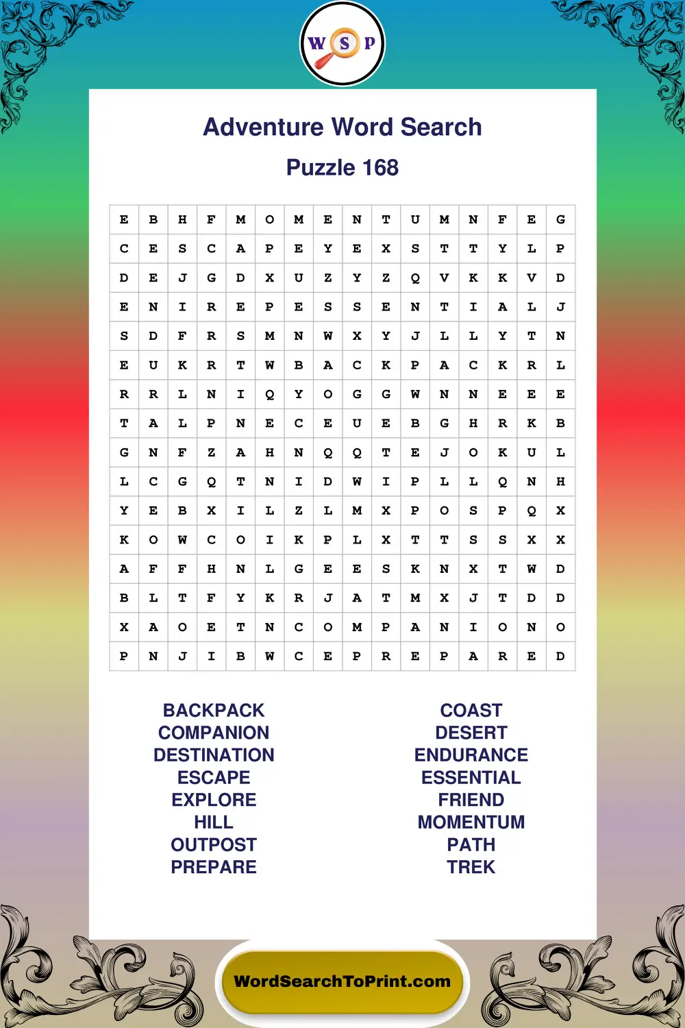 Adventure Word Search Puzzle 168