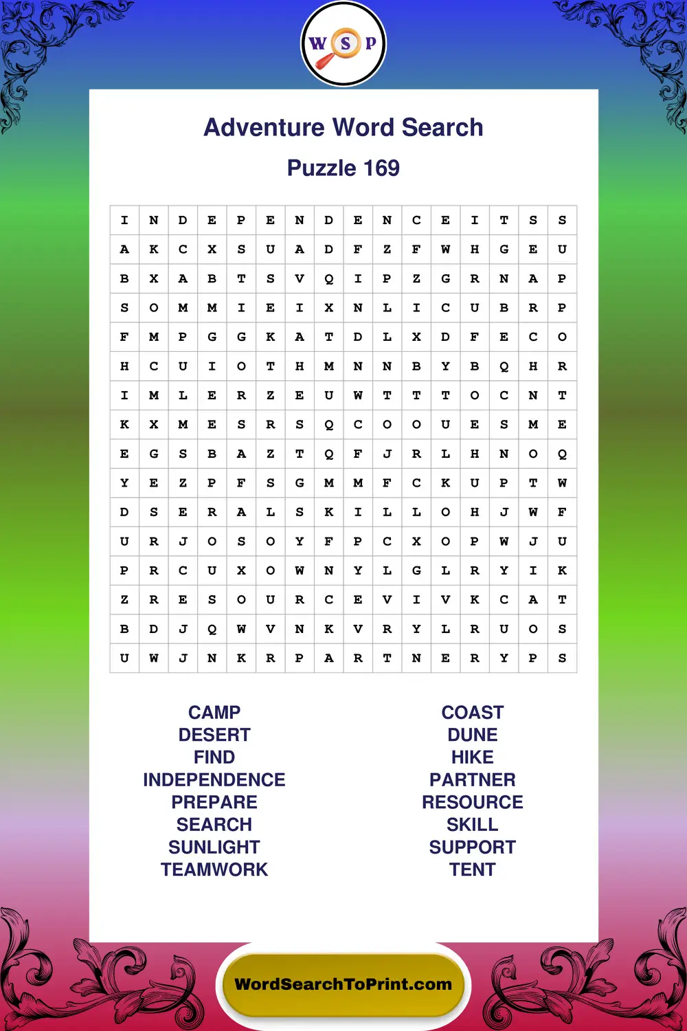 Adventure Word Search Puzzle 169