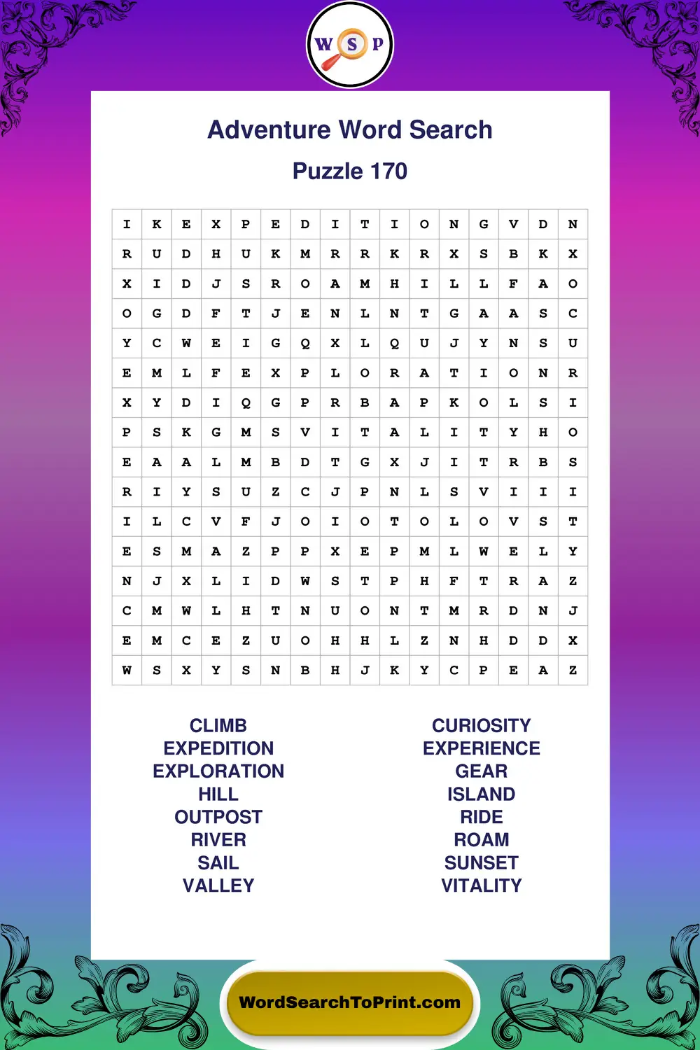 Adventure Word Search Puzzle 170
