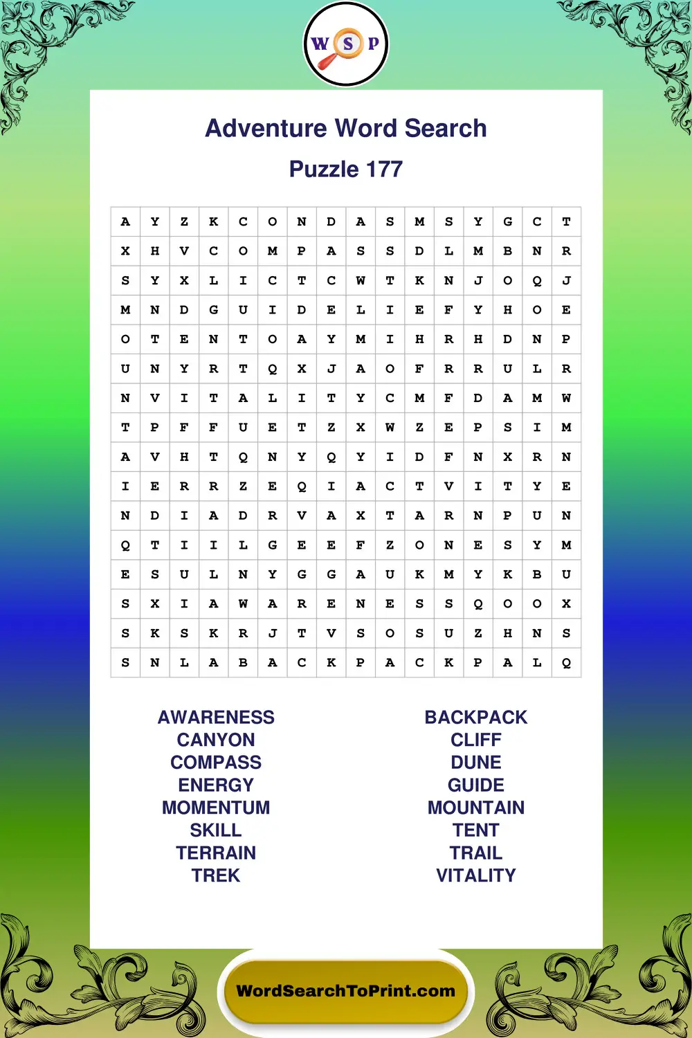 Adventure Word Search Puzzle 177
