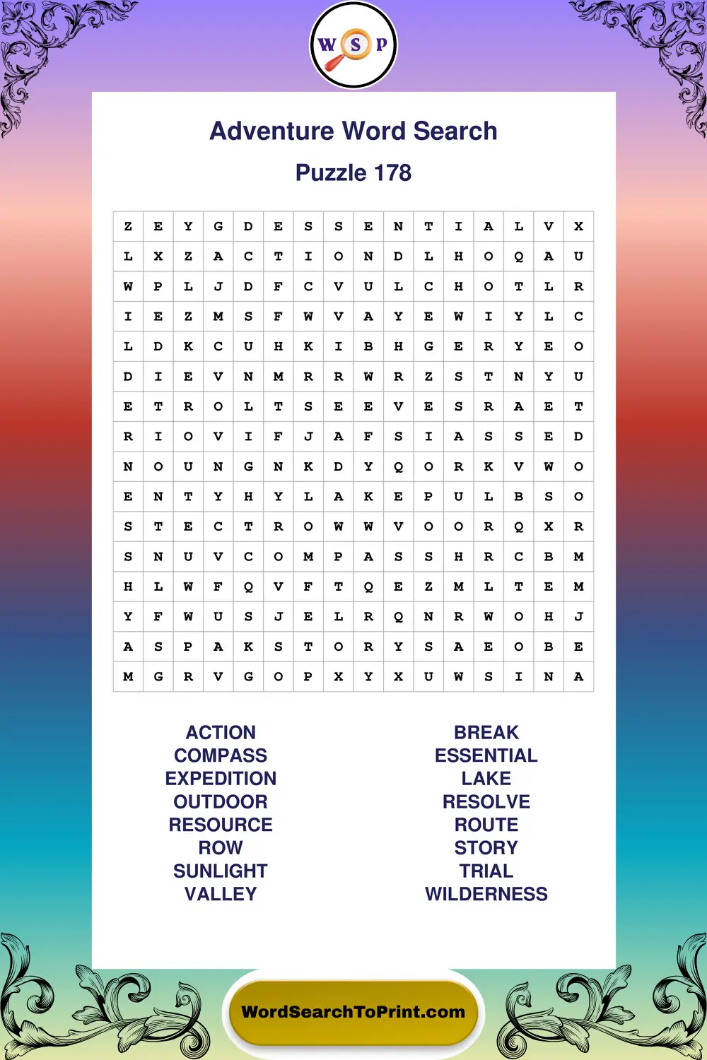 Adventure Word Search Puzzle 178