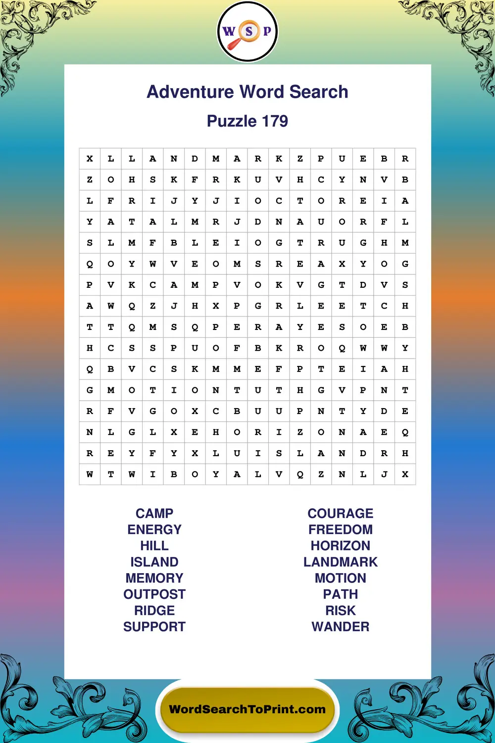 Adventure Word Search Puzzle 179