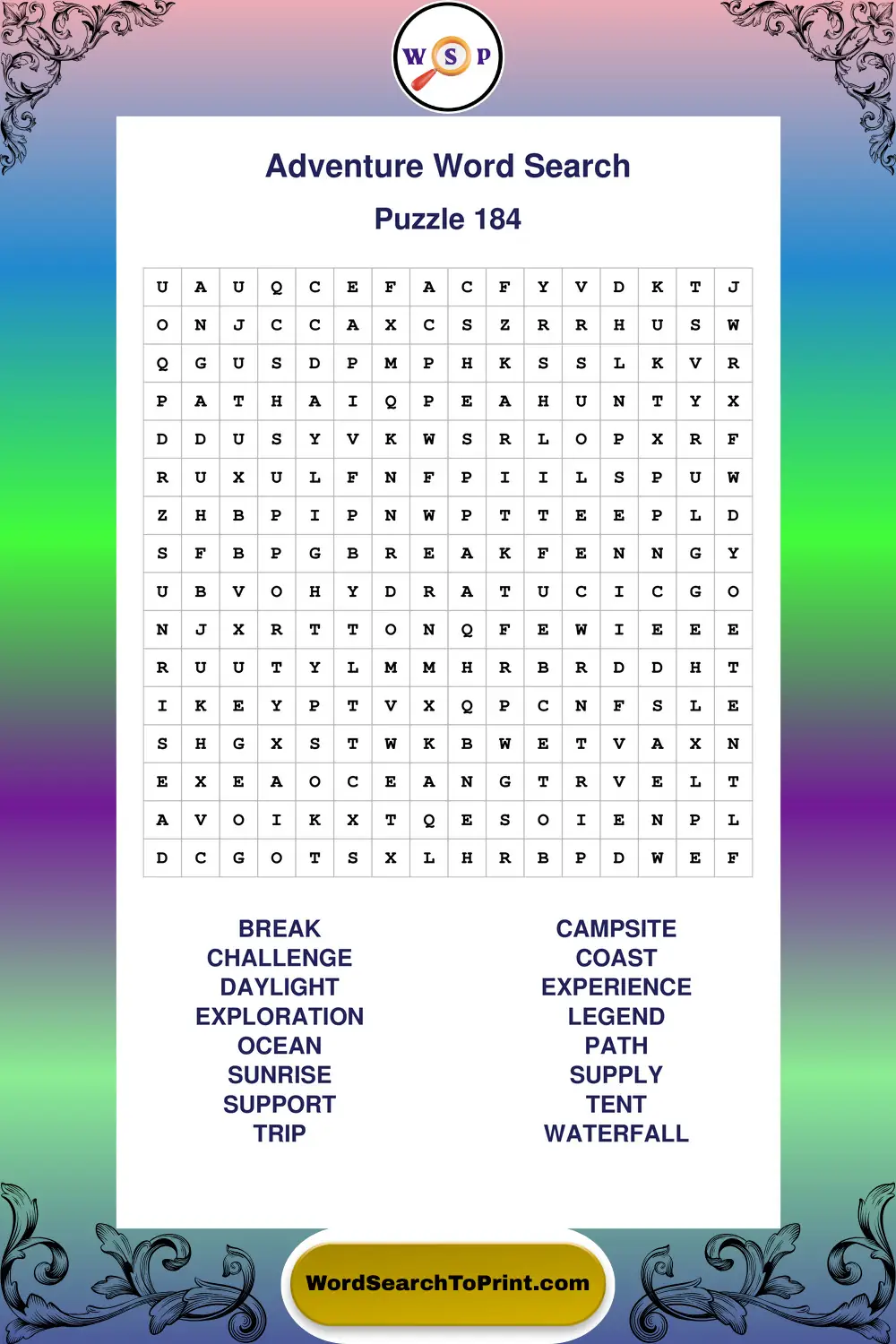 Adventure Word Search Puzzle 184