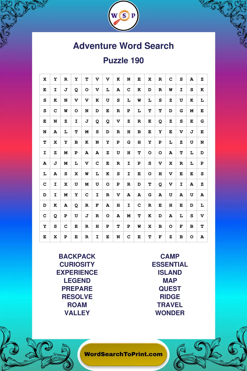 Adventure Word Search Puzzle 190