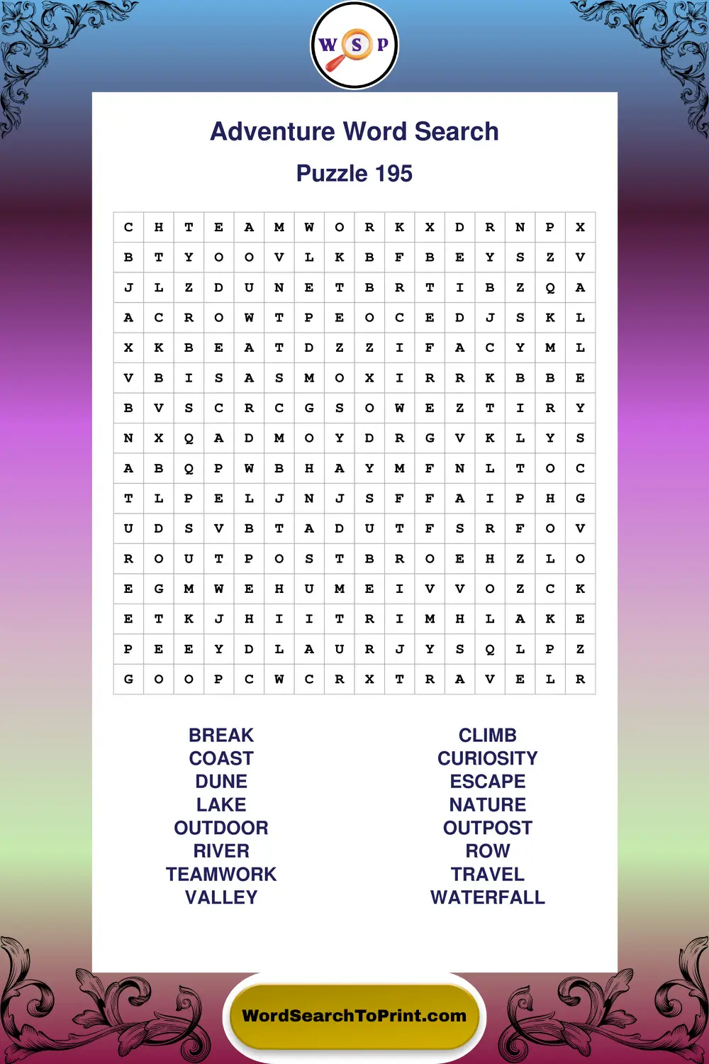 Adventure Word Search Puzzle 195