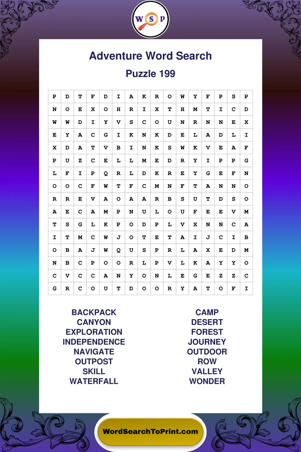 Adventure Word Search Puzzle 199