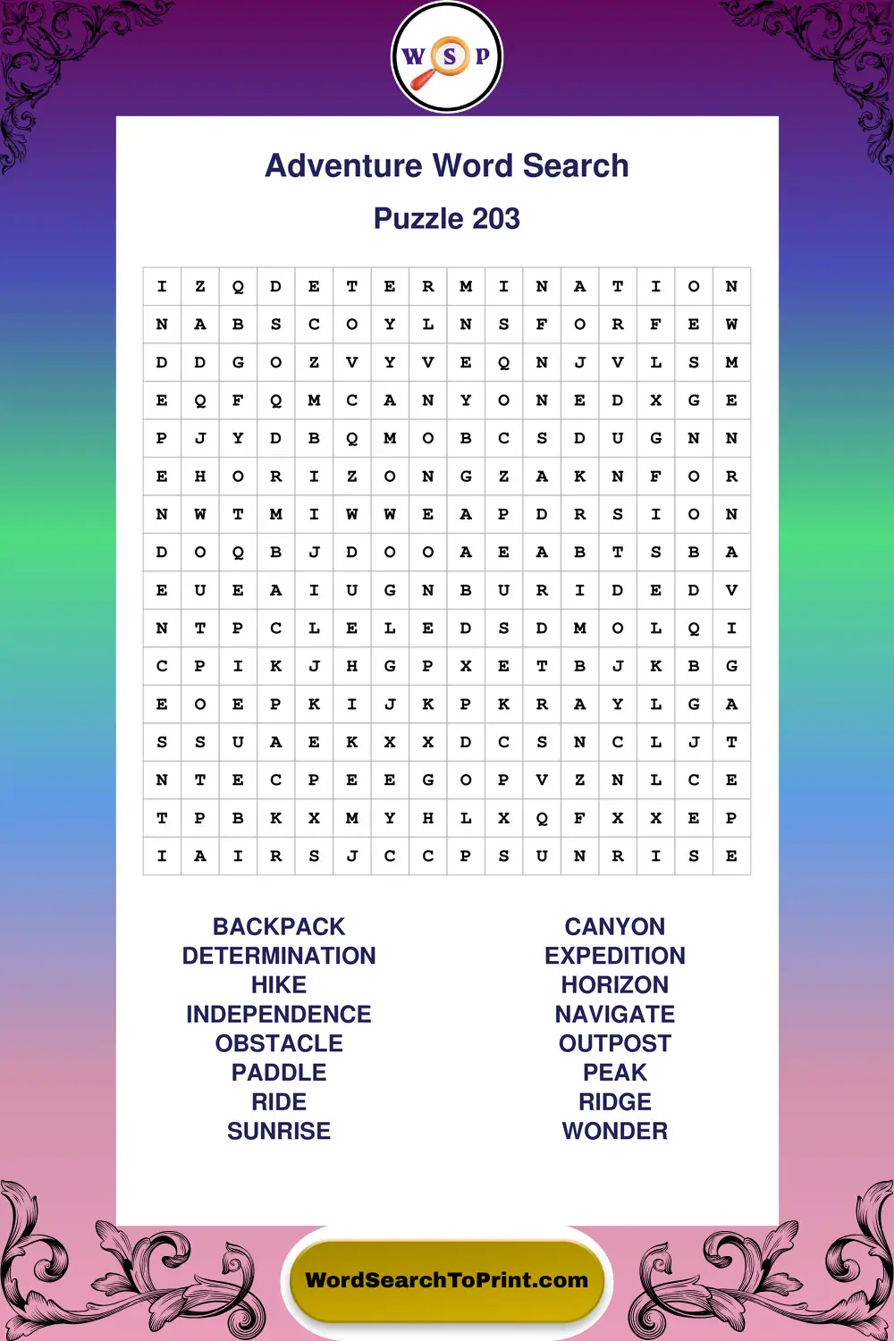 Adventure Word Search Puzzle 203