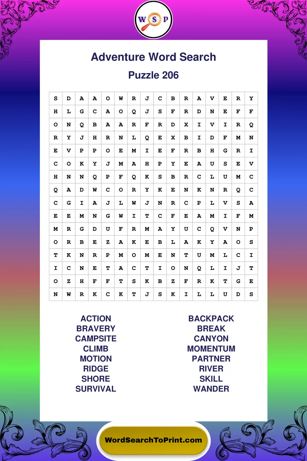 Adventure Word Search Puzzle 206