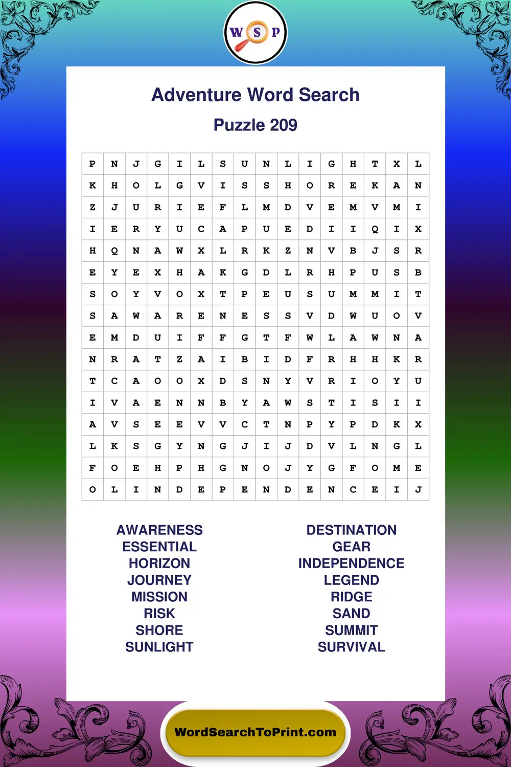 Adventure Word Search Puzzle 209