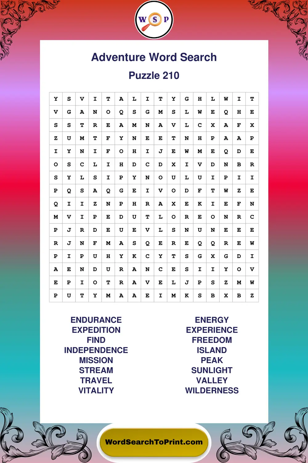 Adventure Word Search Puzzle 210