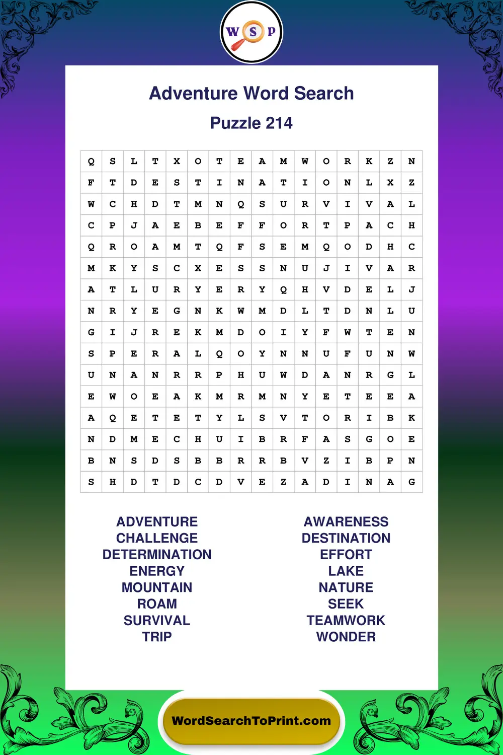 Adventure Word Search Puzzle 214