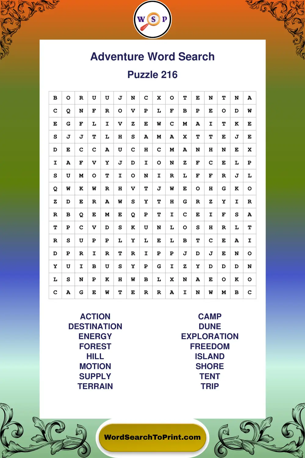 Adventure Word Search Puzzle 216