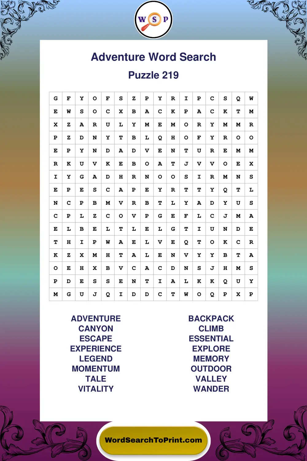 Adventure Word Search Puzzle 219