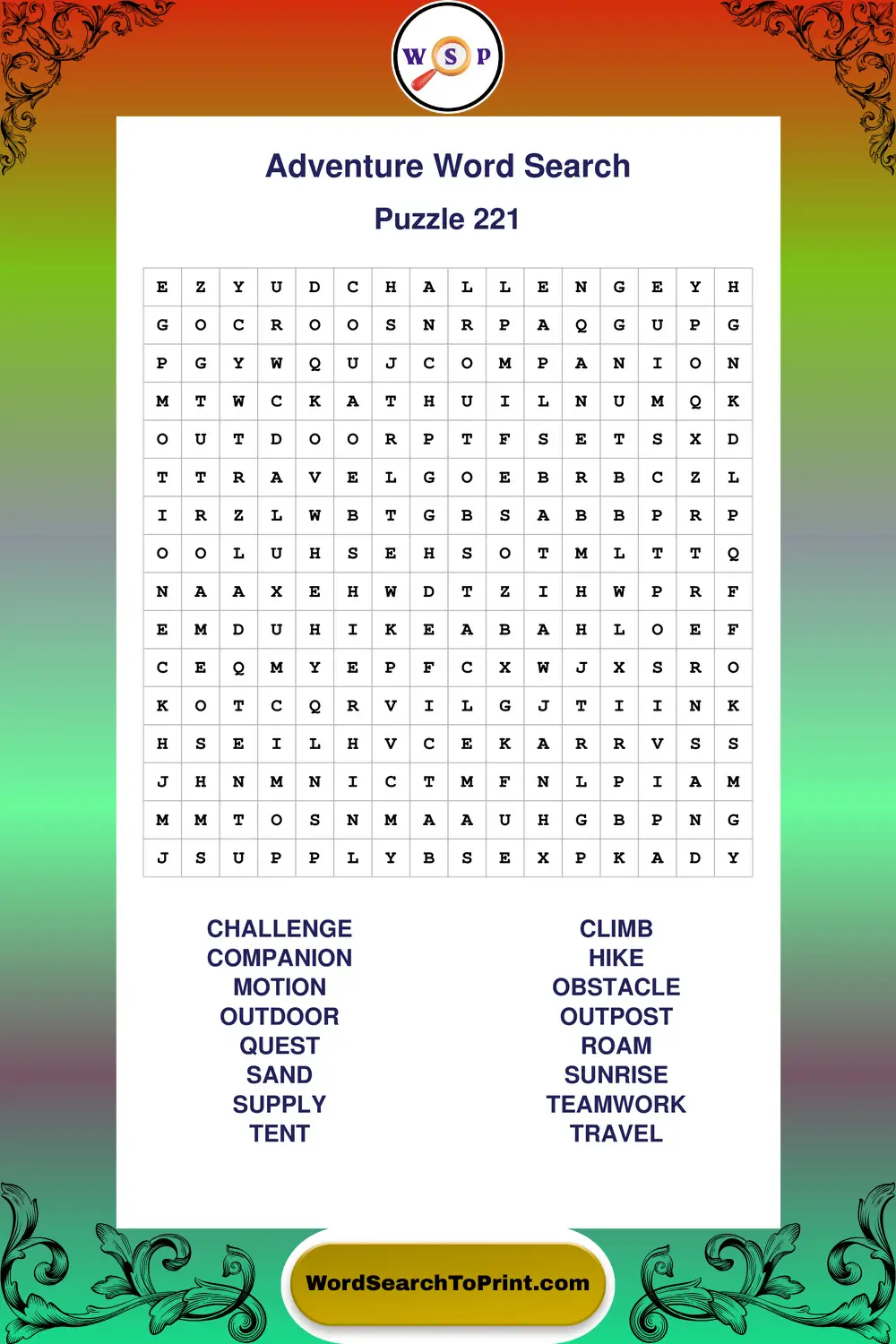 Adventure Word Search Puzzle 221