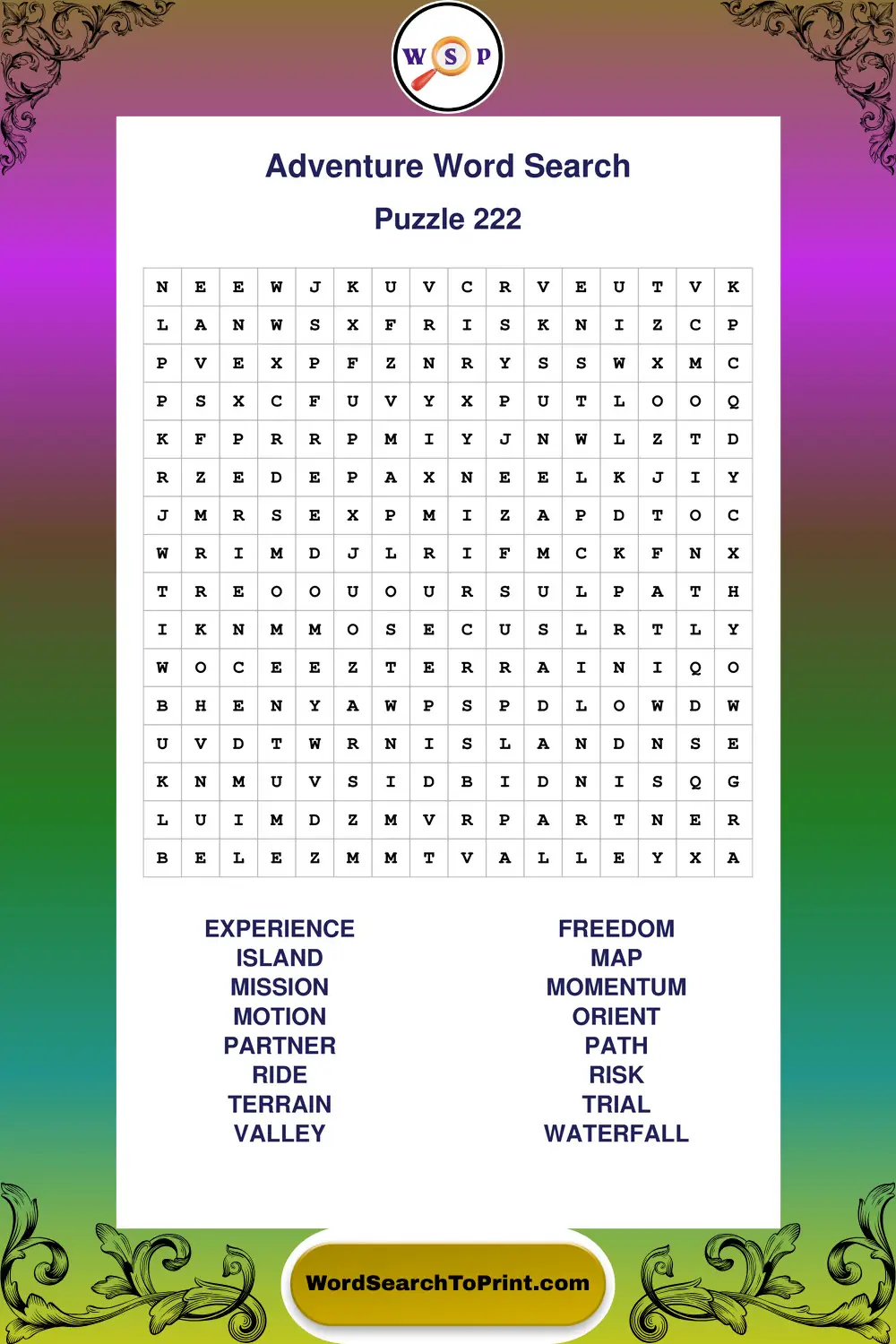 Adventure Word Search Puzzle 222