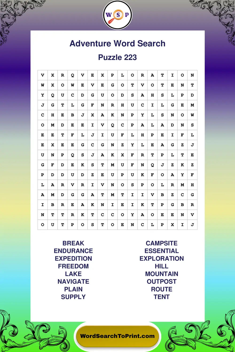 Adventure Word Search Puzzle 223