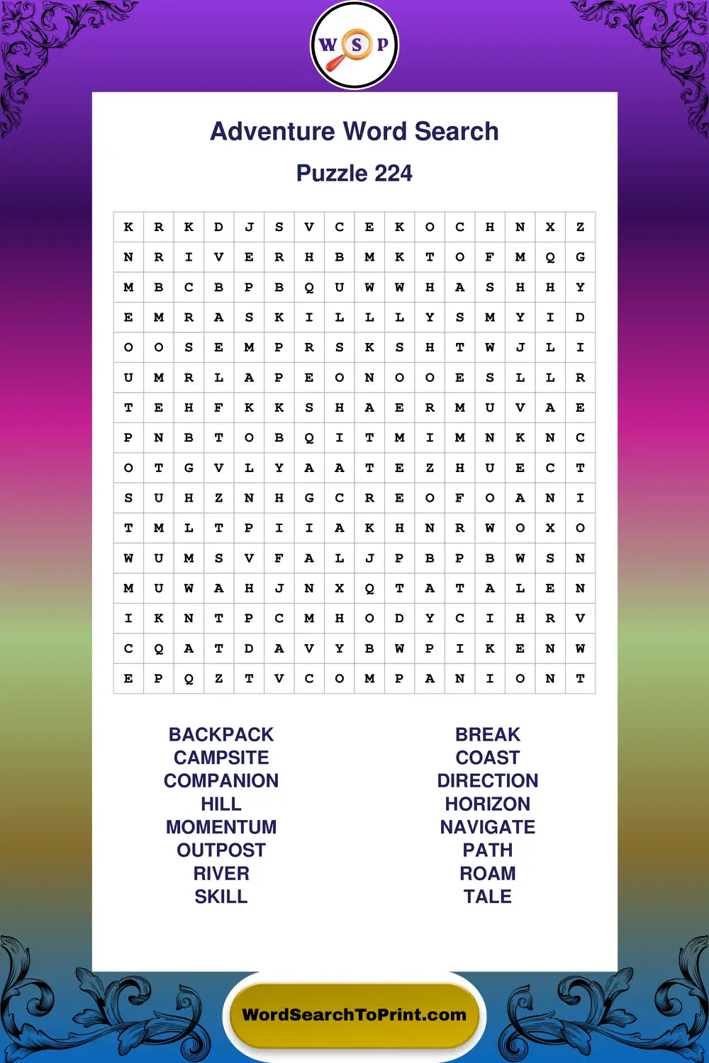 Adventure Word Search Puzzle 224