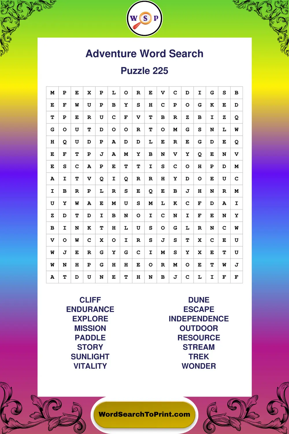 Adventure Word Search Puzzle 225