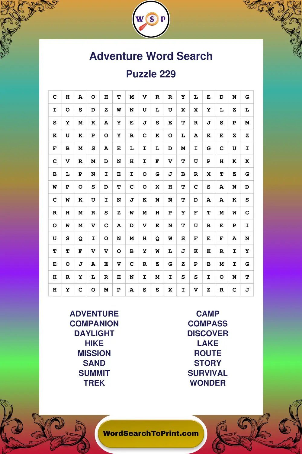 Adventure Word Search Puzzle 229