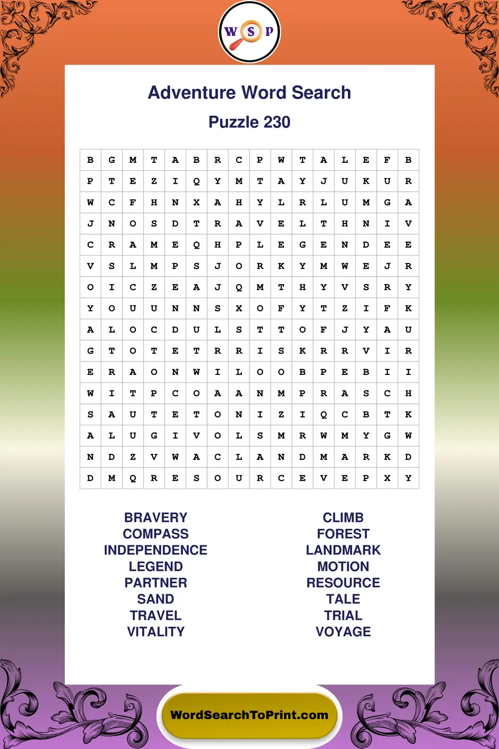 Adventure Word Search Puzzle 230