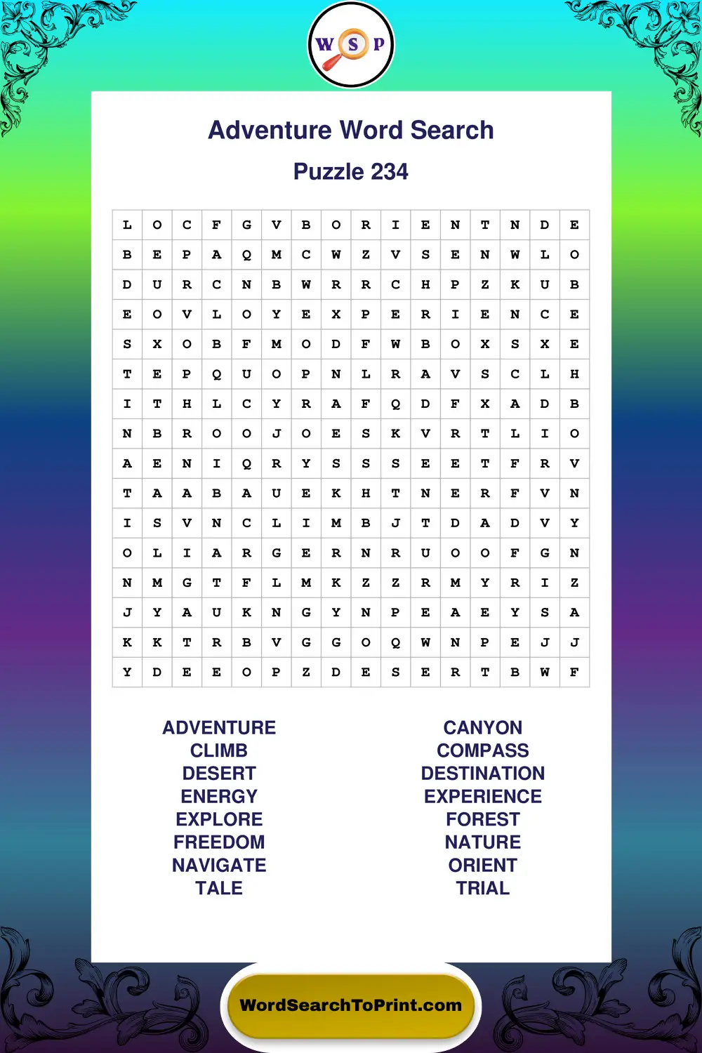 Adventure Word Search Puzzle 234