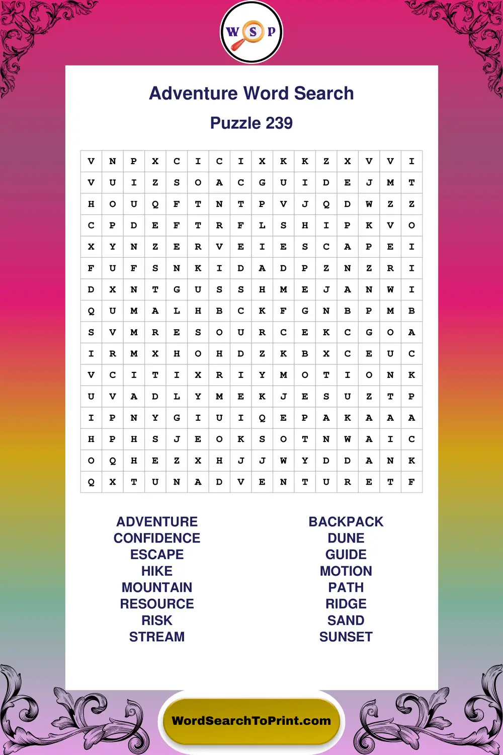 Adventure Word Search Puzzle 239