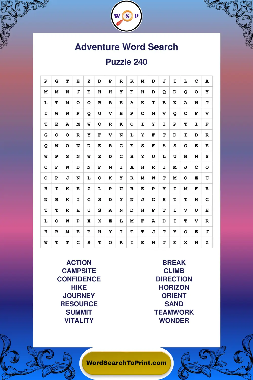 Adventure Word Search Puzzle 240