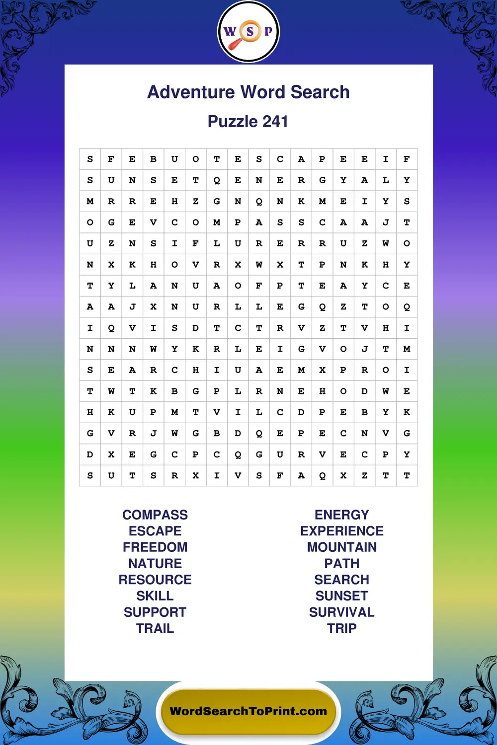 Adventure Word Search Puzzle 241