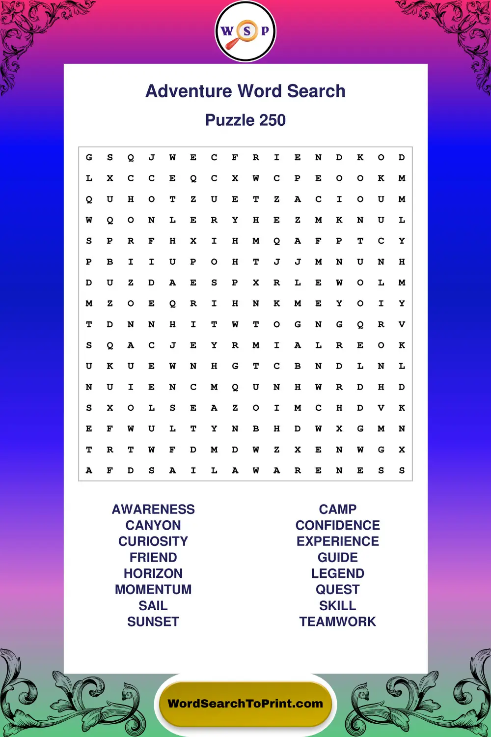 Adventure Word Search Puzzle 250
