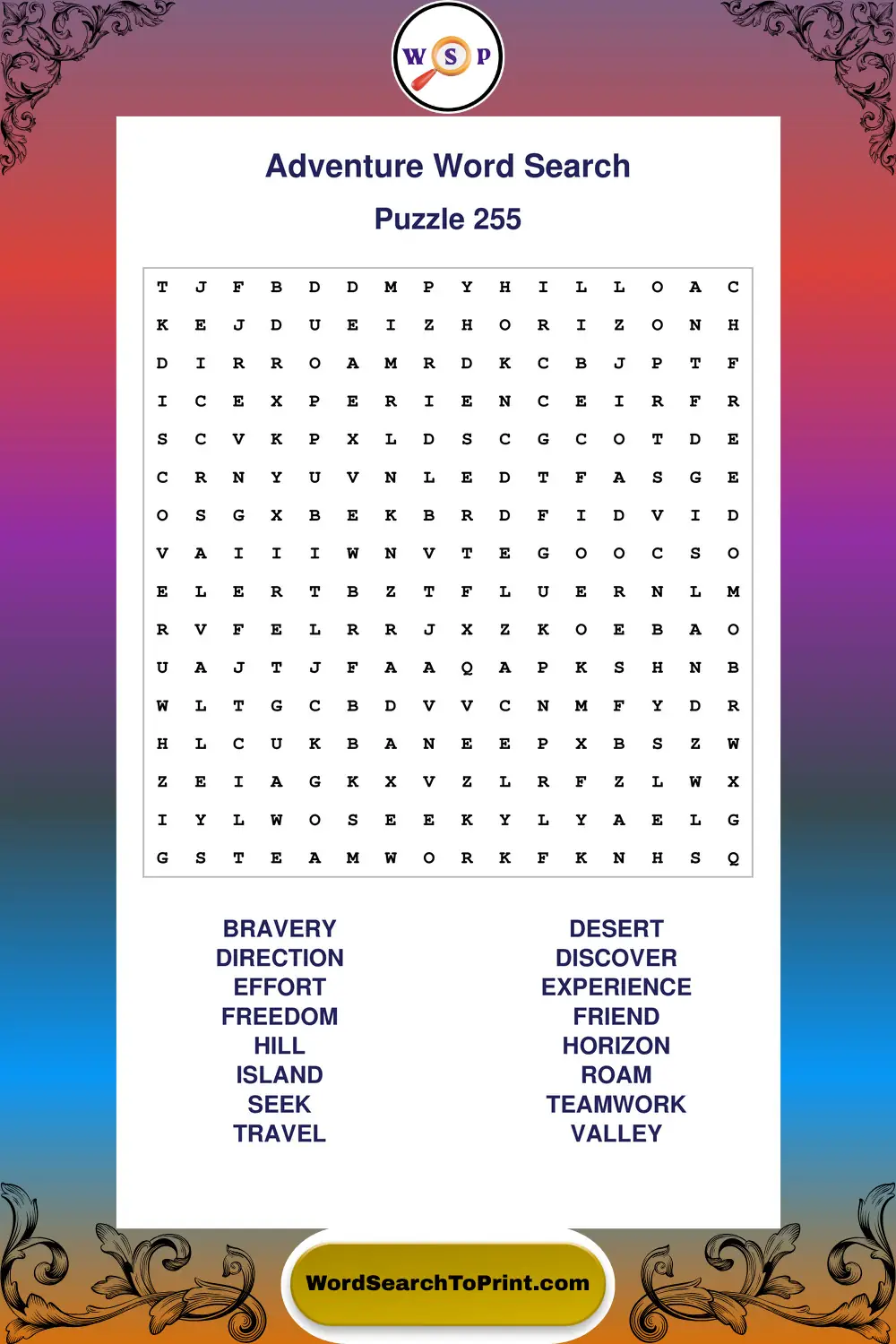 Adventure Word Search Puzzle 255