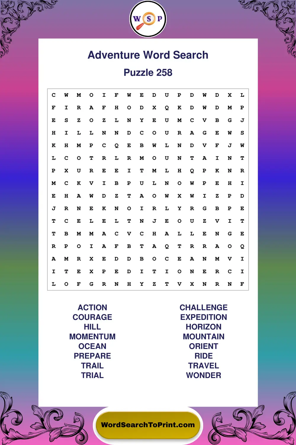 Adventure Word Search Puzzle 258
