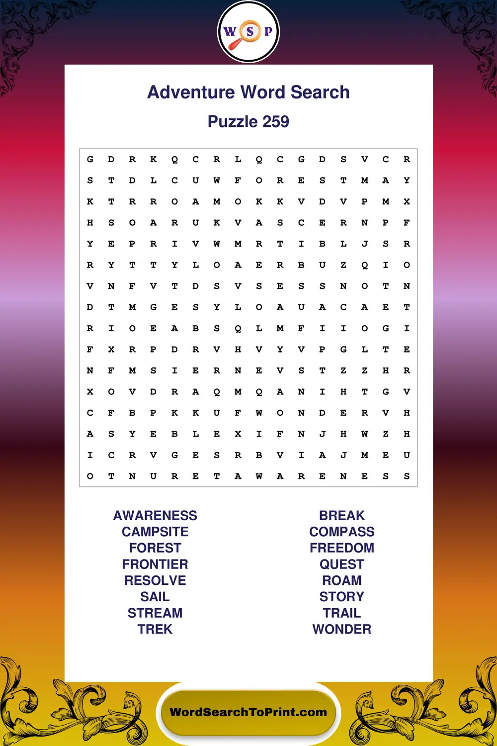 Adventure Word Search Puzzle 259