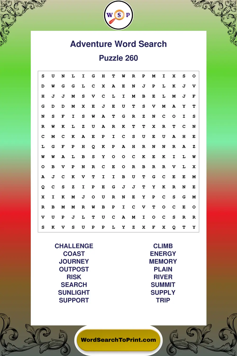 Adventure Word Search Puzzle 260